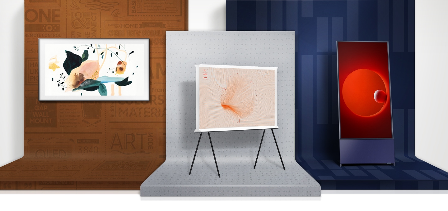 Trois TV lifestyle sont présentées : The Frame sur un mur, The Serif sur ses pieds détachables et The Sero en mode vertical.